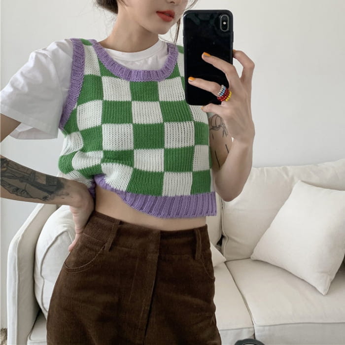 Green Lavender Checkered Vest - Free Size / Green/purple