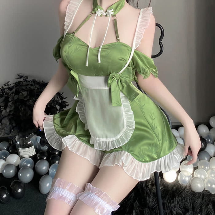 Green Maid Vintage Buckle Bow knot Lingerie Set
