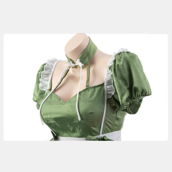 Green Maid Vintage Buckle Bow knot Lingerie Set