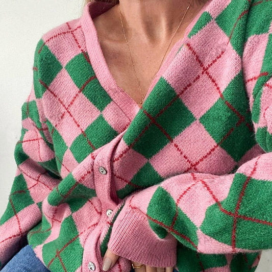 Green Pink Argyle Pattern Cardigan