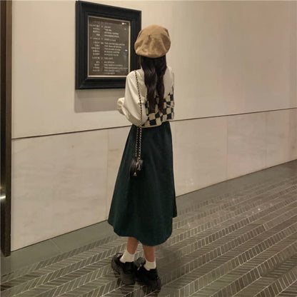 Green Plaid Vest Chiffon Shirt Pleated Skirt Set