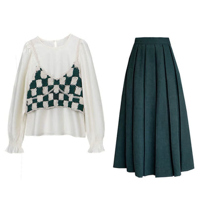 Green Plaid Vest Chiffon Shirt Pleated Skirt Set - Shirt