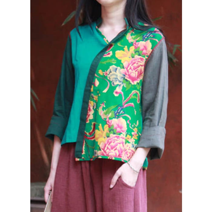 Green Print Asymmetrical Shirt Long Sleeve VB1023 - Sleeved