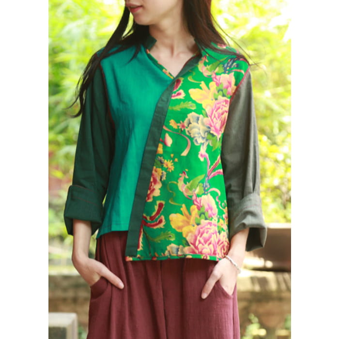 Green Print Asymmetrical Shirt Long Sleeve VB1023 - Sleeved