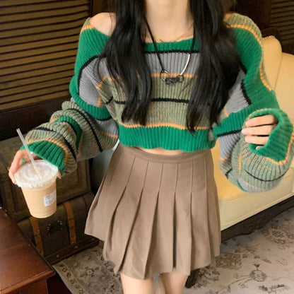 Green Stripe Crop Sweater - Free Size