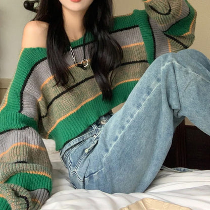 Green Stripe Crop Sweater - Free Size