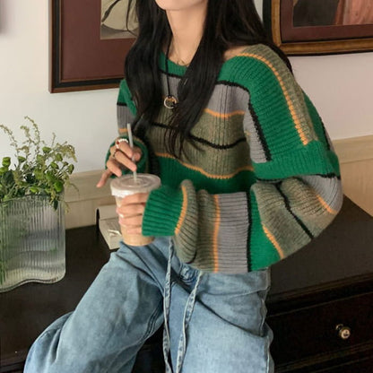 Green Stripe Crop Sweater - Free Size