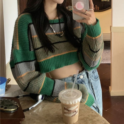 Green Stripe Crop Sweater - Free Size