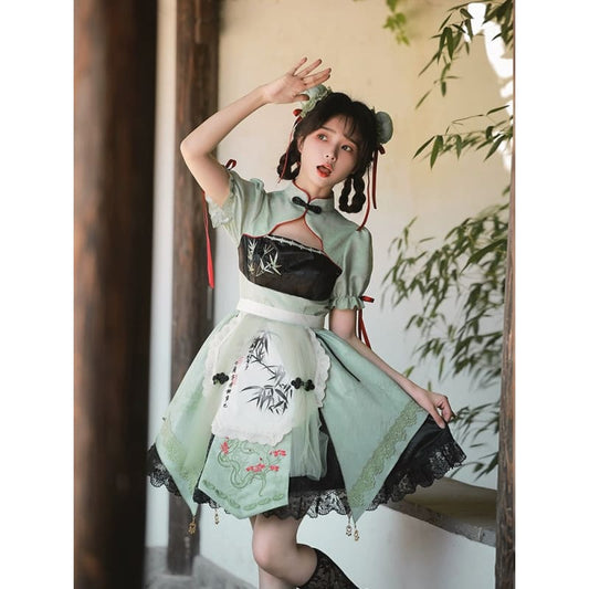 Green with Black Lace Lolita Cheongsam Dress - Modern Hanfu