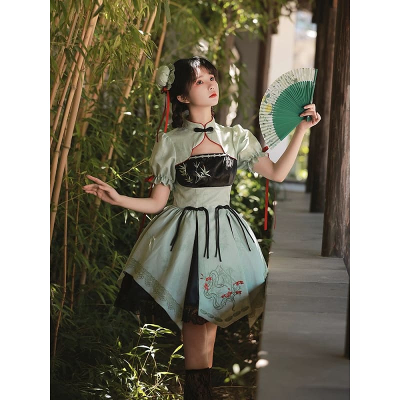 Green with Black Lace Lolita Cheongsam Dress - S - Modern