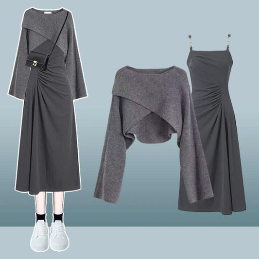 Grey Cross Knit Sweater Ruffled Split Slip Dress