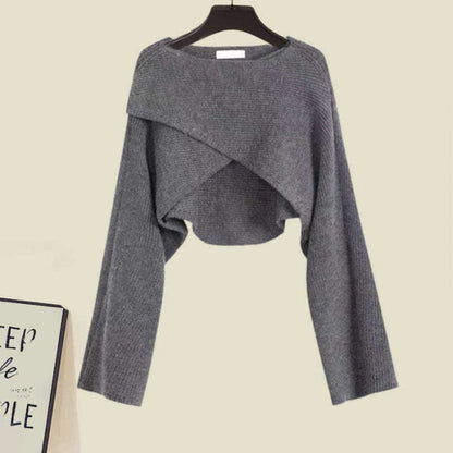 Grey Cross Knit Sweater Ruffled Split Slip Dress - M