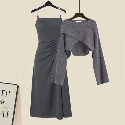 Grey Cross Knit Sweater Ruffled Split Slip Dress - Sweater