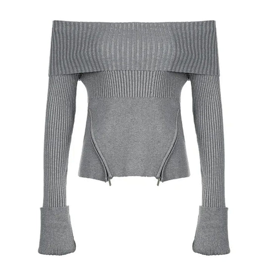 Grey Off Shoulder Knit Sweater - S