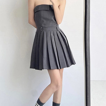 Grey Pleated Mini Dress - Dresses