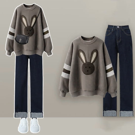 Grey Rabbit Plush Sweatshirt Roll Up Denim Pants