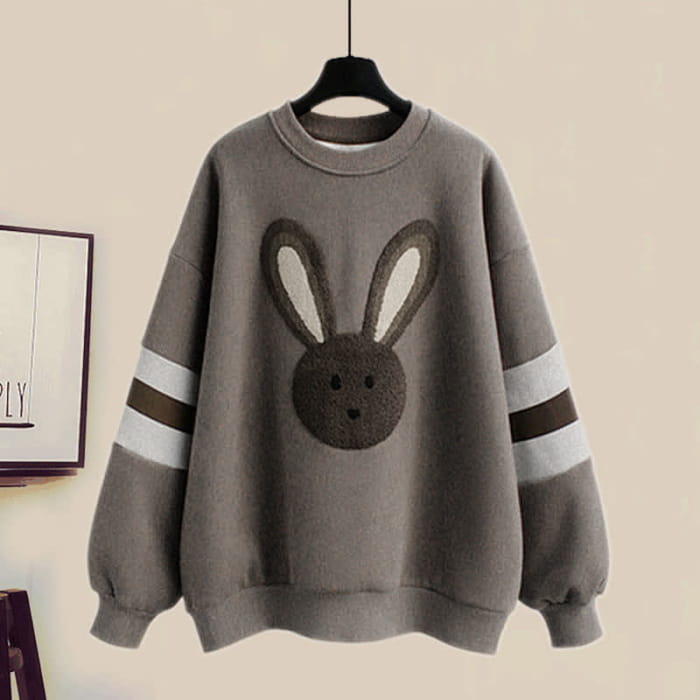 Grey Rabbit Plush Sweatshirt Roll Up Denim Pants - M