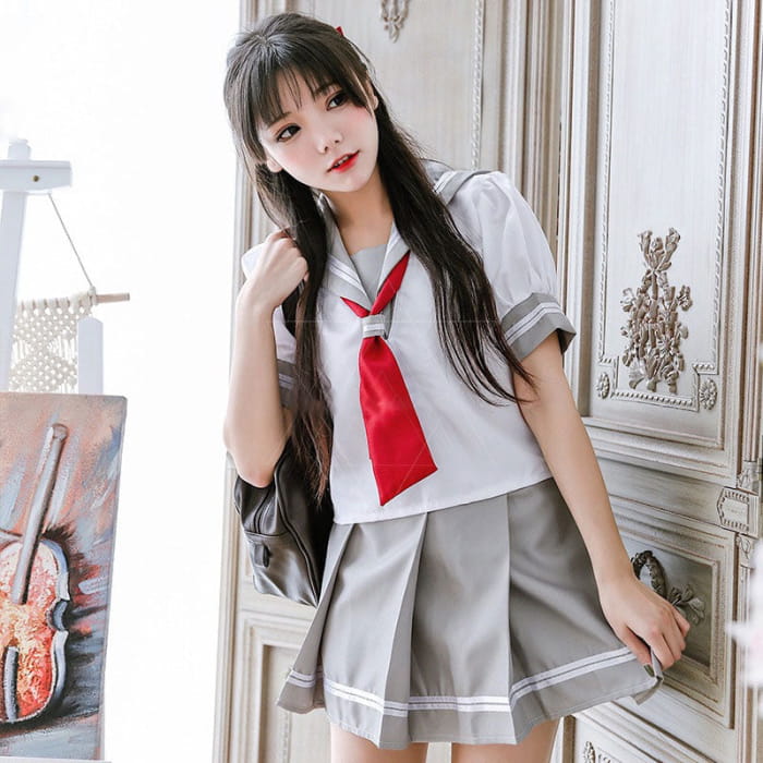 Grey Sailor Collar T-Shirt Tie Pleated Skirt Set