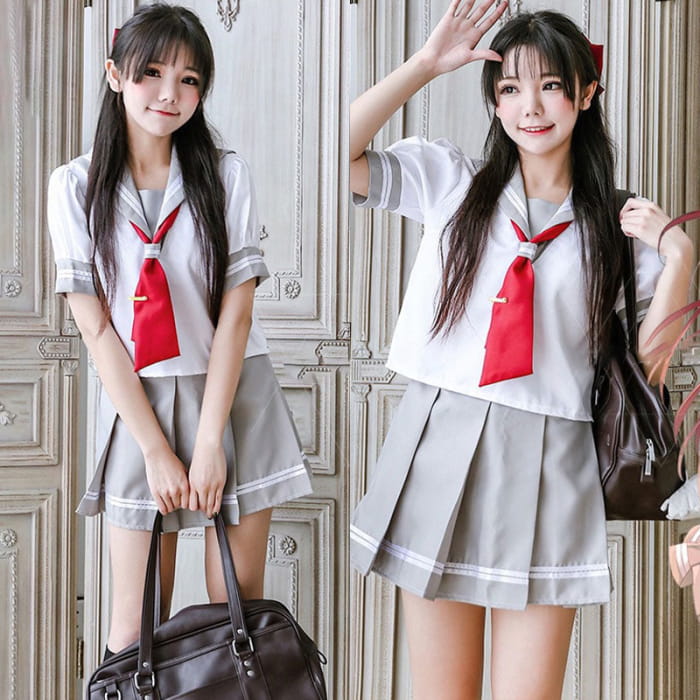 Grey Sailor Collar T-Shirt Tie Pleated Skirt Set