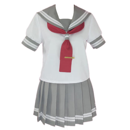 Grey Sailor Collar T-Shirt Tie Pleated Skirt Set - Gray / S