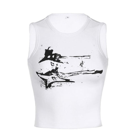 Guitar Print Ribbed Top - S / White - Tops
