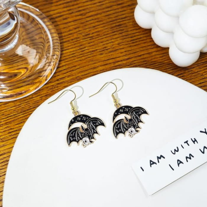 Halloween Bat Alloy Drop Earring - 1 Pair - E6105-3 - Black