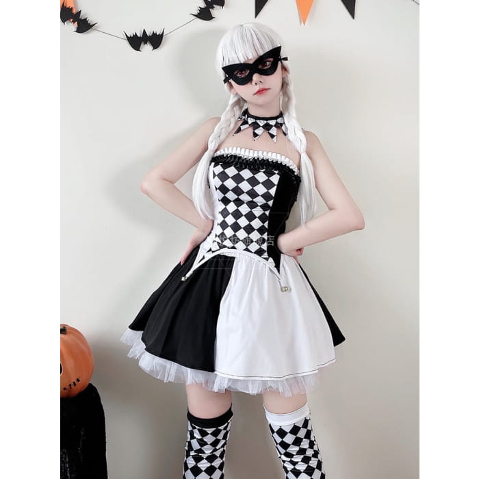 Halloween Black White Clown Costume Top and Skirt