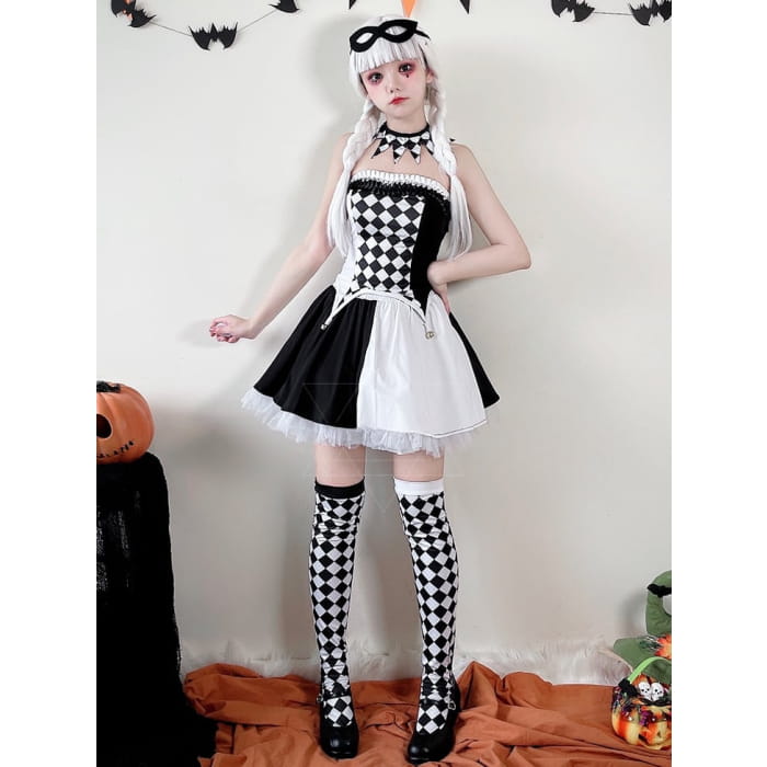 Halloween Black White Clown Costume Top and Skirt