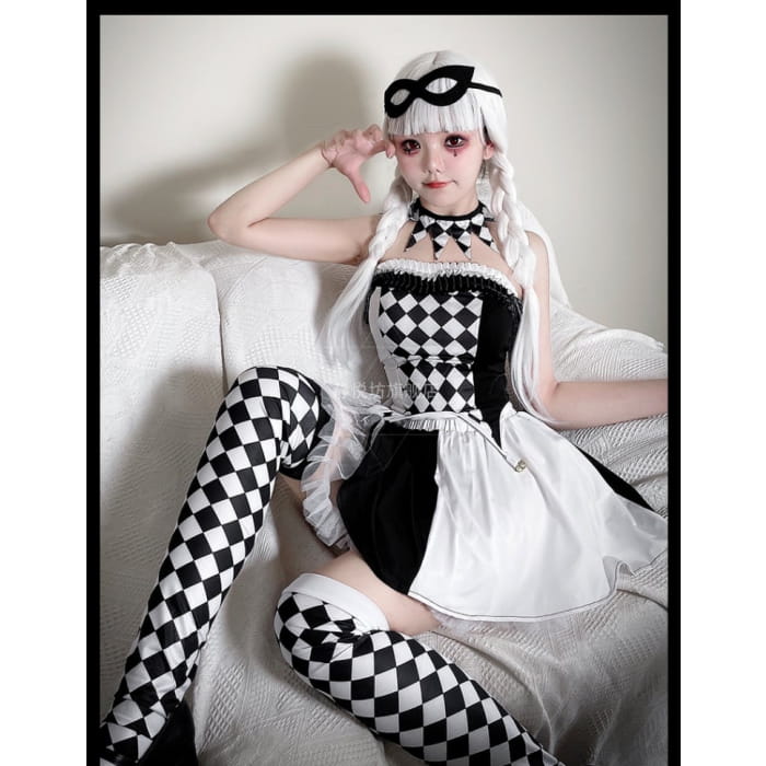 Halloween Black White Clown Costume Top and Skirt