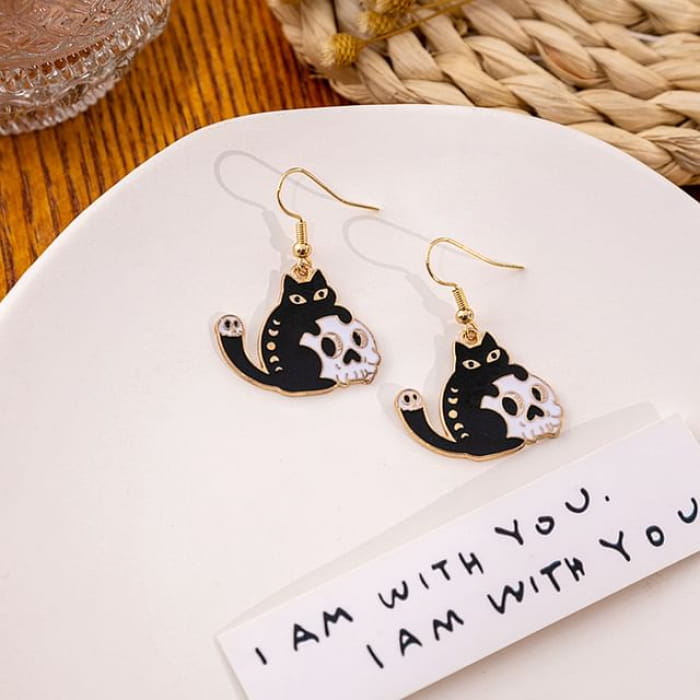 Halloween Cat Drop Earring - 1 Pair - E5864-3 - Black &