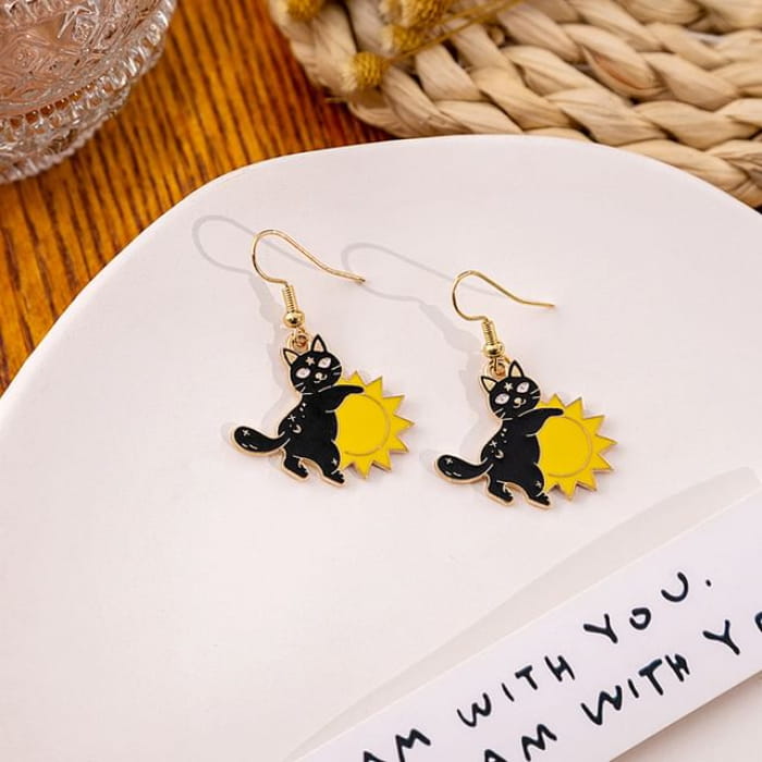 Halloween Cat Drop Earring - 1 Pair - E5864-7 - Black &