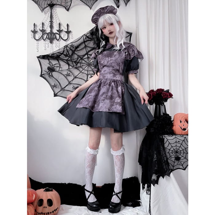 Halloween Costume Dark Maid Black Dress with Purple Apron