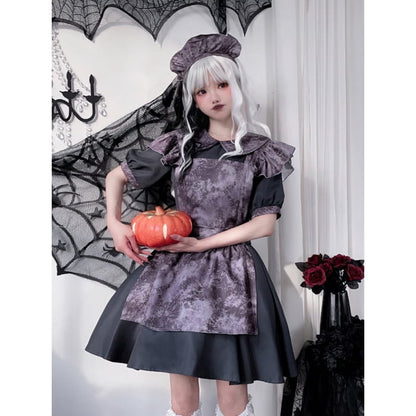 Halloween Costume Dark Maid Black Dress with Purple Apron