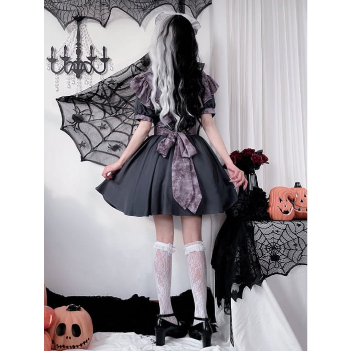 Halloween Costume Dark Maid Black Dress with Purple Apron