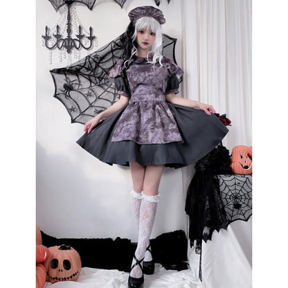 Halloween Costume Dark Maid Black Dress with Purple Apron