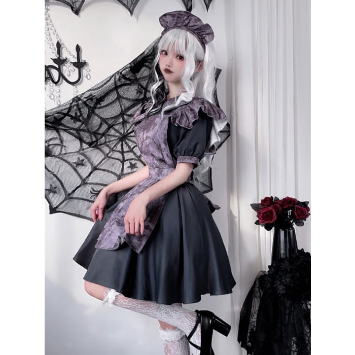 Halloween Costume Dark Maid Black Dress with Purple Apron