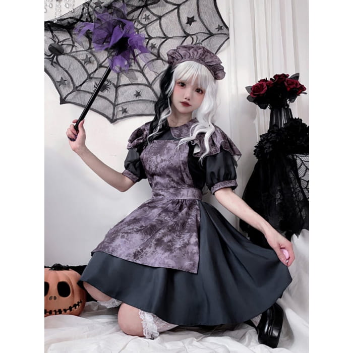 Halloween Costume Dark Maid Black Dress with Purple Apron