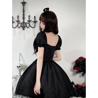 Halloween Dark Black Puff Sleeves Dress Costume