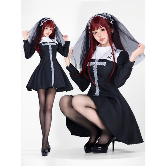 Halloween Gothic Nun Elegant Dress Costume