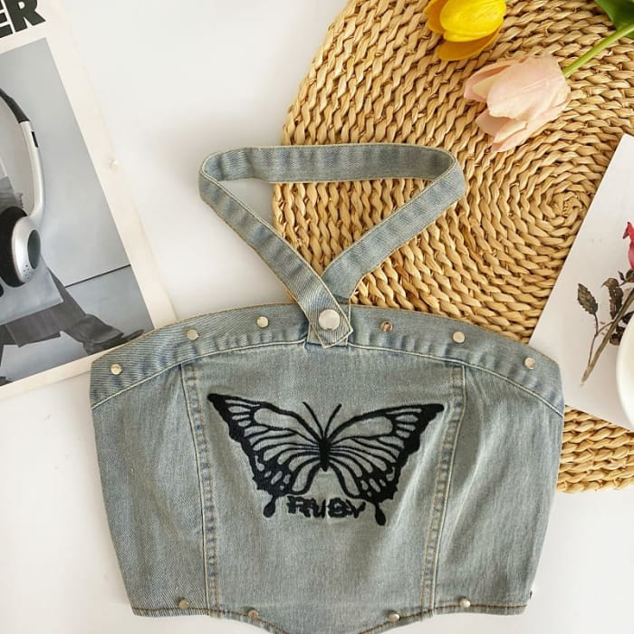 Halter Butterfly Embroidered Washed Panel Crop Denim Top