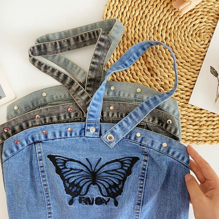 Halter Butterfly Embroidered Washed Panel Crop Denim Top