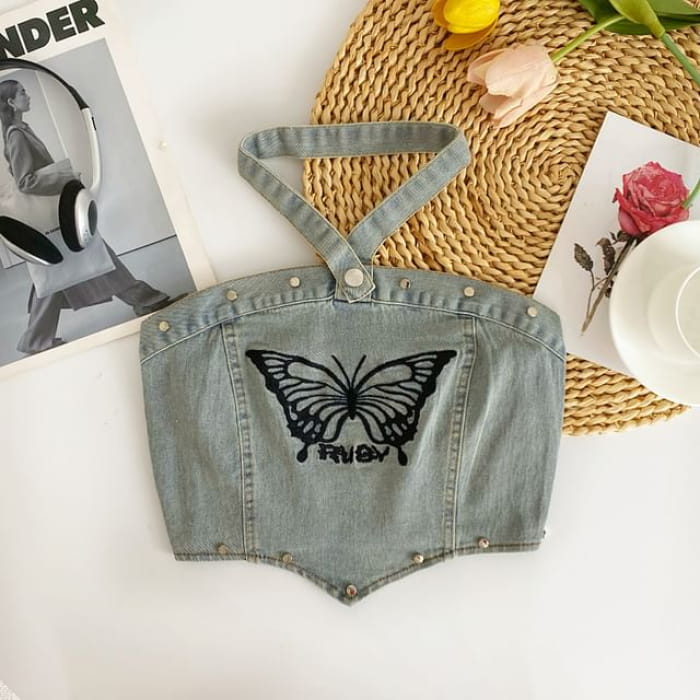 Halter Butterfly Embroidered Washed Panel Crop Denim Top