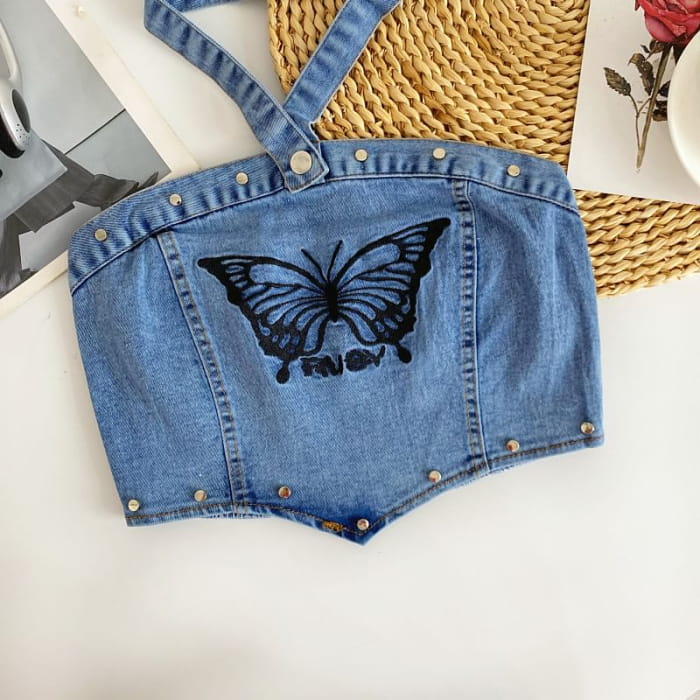 Halter Butterfly Embroidered Washed Panel Crop Denim Top