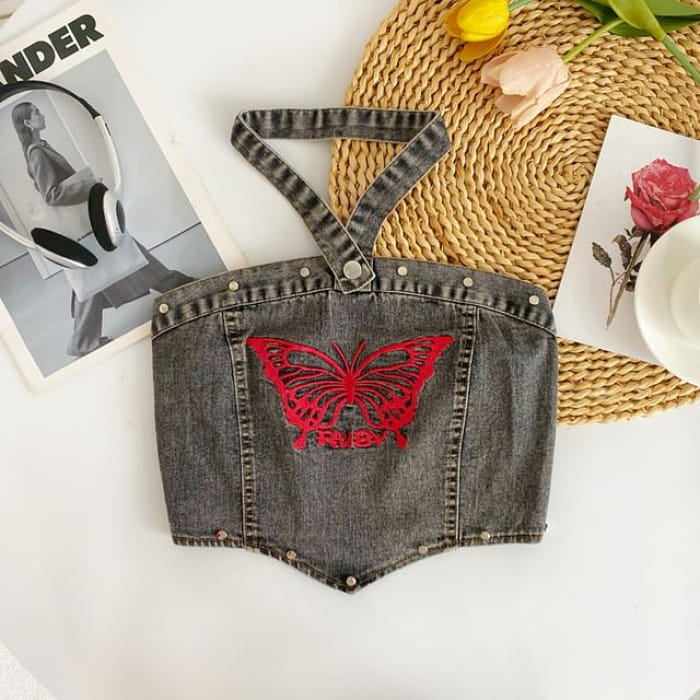 Halter Butterfly Embroidered Washed Panel Crop Denim Top