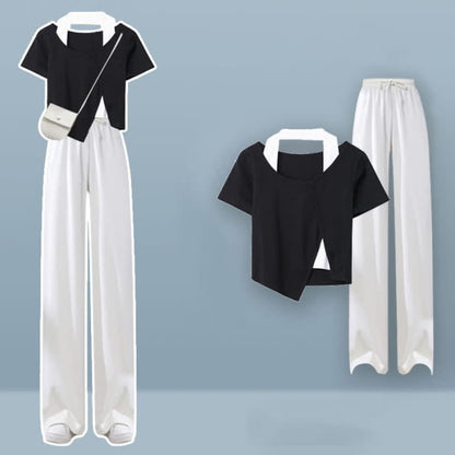 Halter Fake Two Piece Crop Top Casual Wide Leg Pants - Set