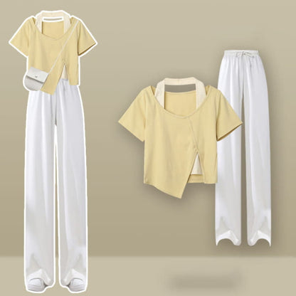 Halter Fake Two Piece Crop Top Casual Wide Leg Pants - Set