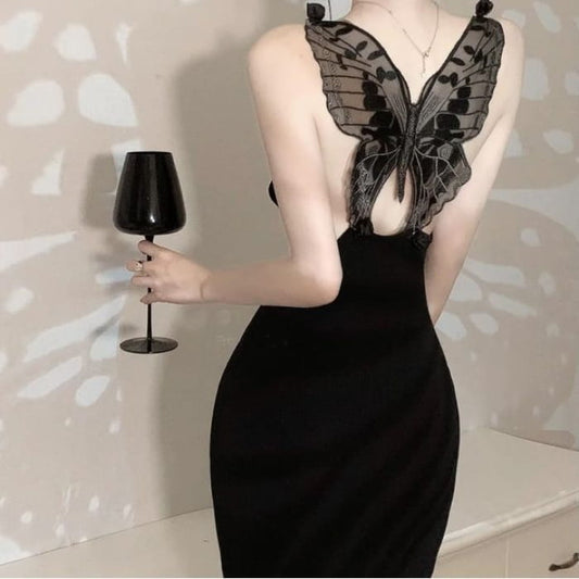 Halter-Neck Butterfly Applique Back Bodycon Evening Gown