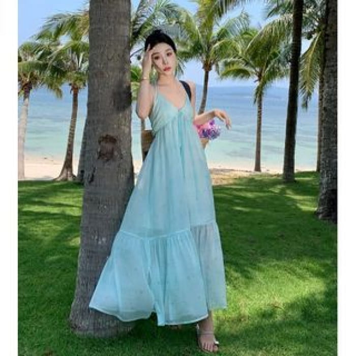 Halter-Neck Plain Bow Back Midi Sundress - Mint Green / S