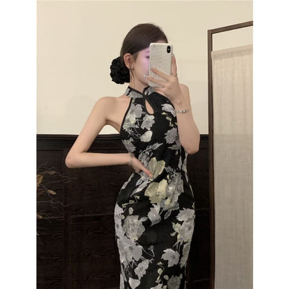 Halter Neck Stand Collar Floral Print Cutout Slit Midi