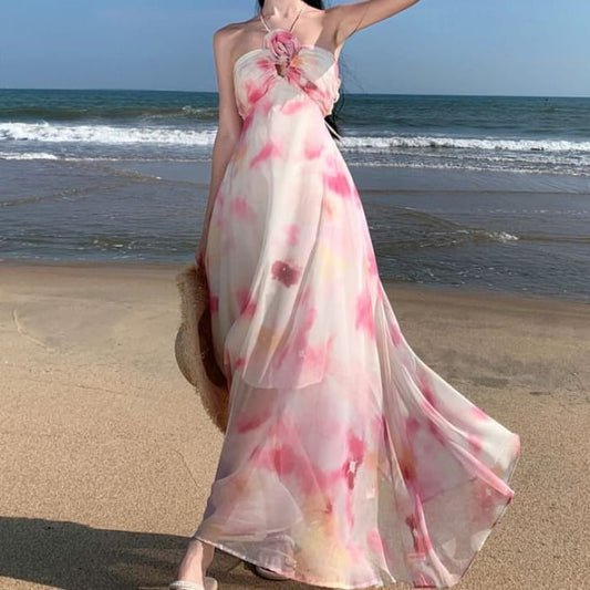 Halter Neck Tie Dye Floral Accent Cutout Open Back Maxi